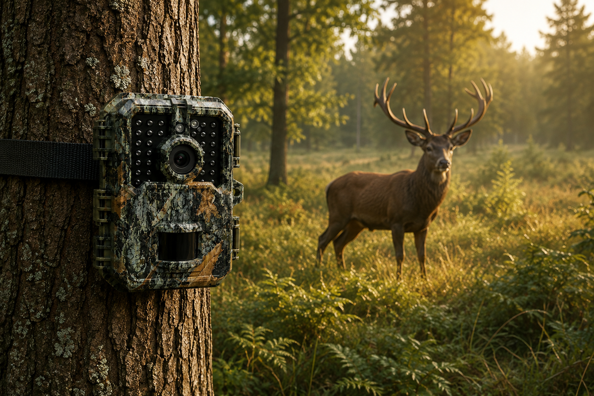 Mini caméra de chasse fixée sur un arbre avec animal