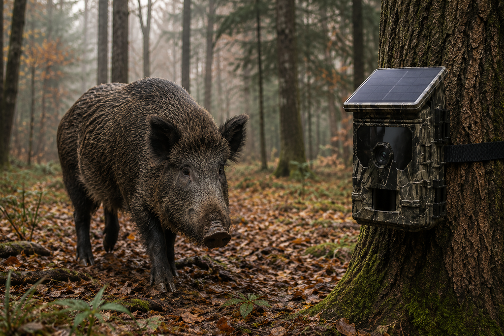 Caméra de chasse solaire fixée sur un arbre avec animal