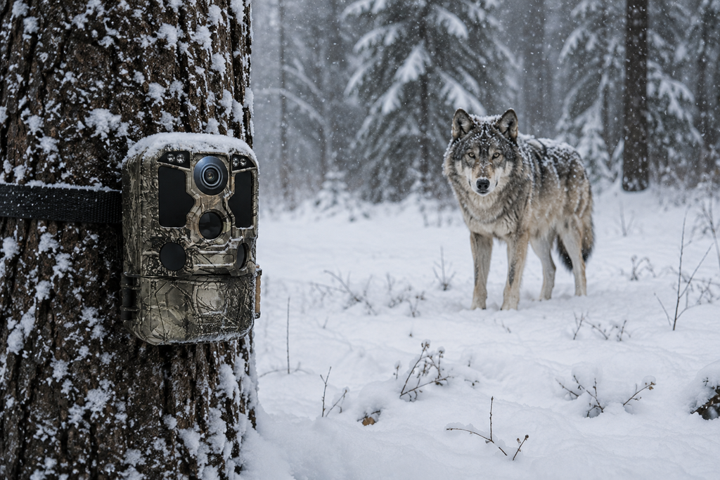 Caméra de chasse 4K Wi-Fi sur un arbre avec animal