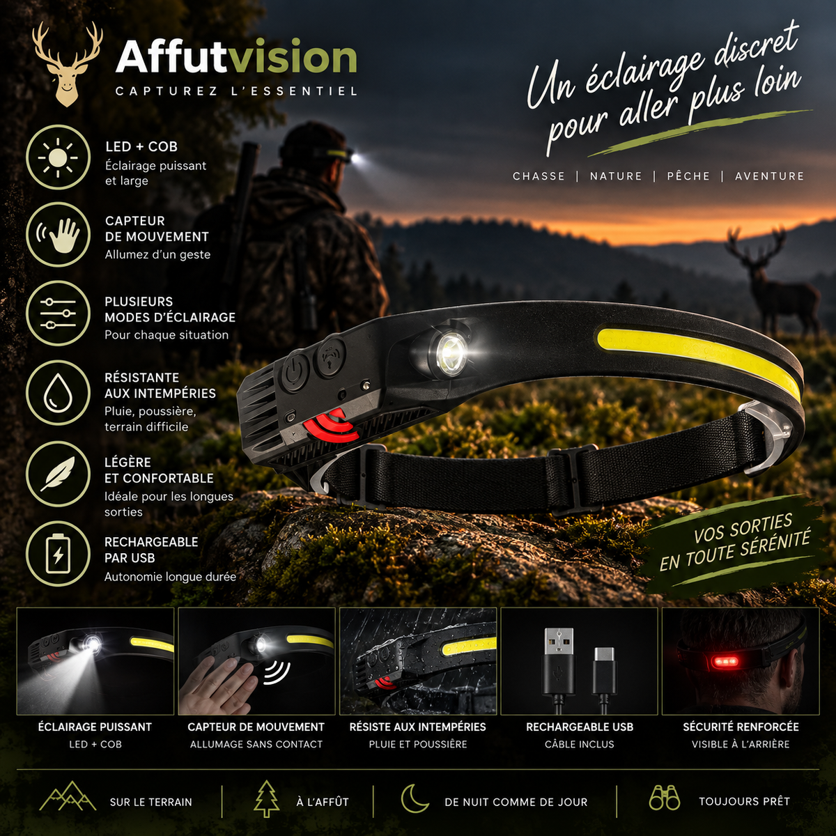 Lampe frontale LED rechargeable